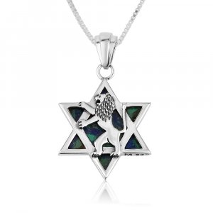 Sterling Silver Pendant Necklace, Lion of Judah on Star of David and Eilat Stone
