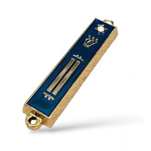 Small Mezuzah Case, Gold Metal with Blue Enamel � Torah Scroll and Shin