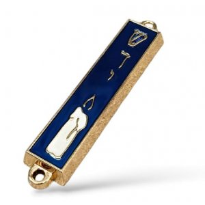 Small Mezuzah Case, Gold Metal with Blue Enamel � Candle and Shin