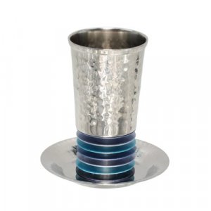 Yair Emanuel Kiddush Cup Set, Hammered Stainless Steel with Stacked Discs � Blue
