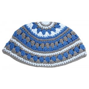 Frik Knitted Fabric Kippah - Light Blue, Gray and White Stripes
