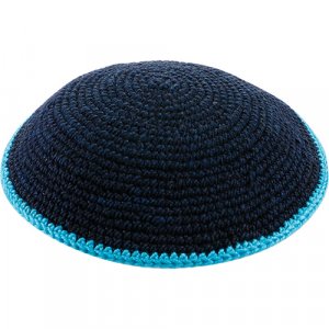 Dark Blue DMC Knitted Kippah with Light Blue Border - Various Sizes