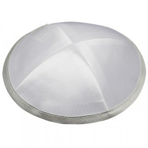 White Satin Four Panel Kippah with Silver Border Ribbon