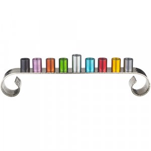 Colorful Aluminum Chanukah Menorah with Swirl Silver Base, for Oil