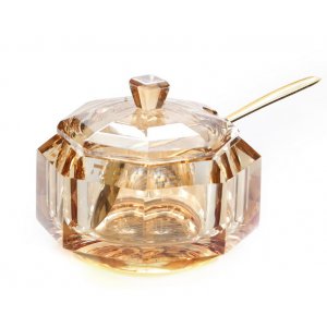 Golden Amber Glass Rosh Hashanah honey jar with lid and spoon