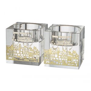 Square Crystal Glass Candlesticks with Gold Color Metal Overlay - Jerusalem