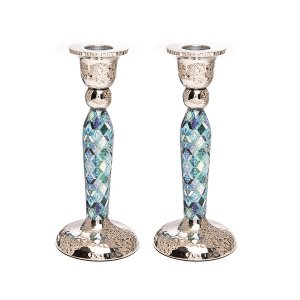Yair Emanuel Hammered Stainless Steel Blue Geometric Design Candlesticks