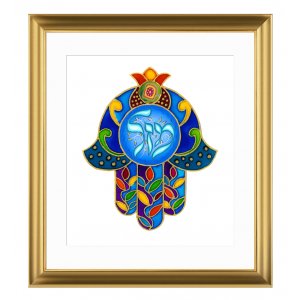 Dvora Black Colorful Hamsa, Mazal in Hebrew - Signed, Printed and Framed Blessing