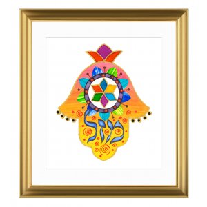 Dvora Black Oriental Hamsa in Yellow, Mazal in Hebrew - Signed, Printed and Framed Blessing
