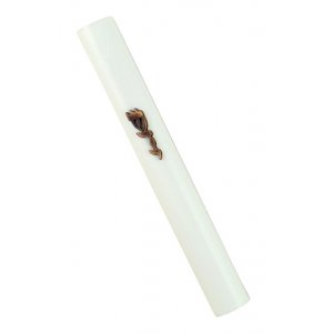 White Wood Rounded Mezuzah Case, Divine Name in Bronze Pewter