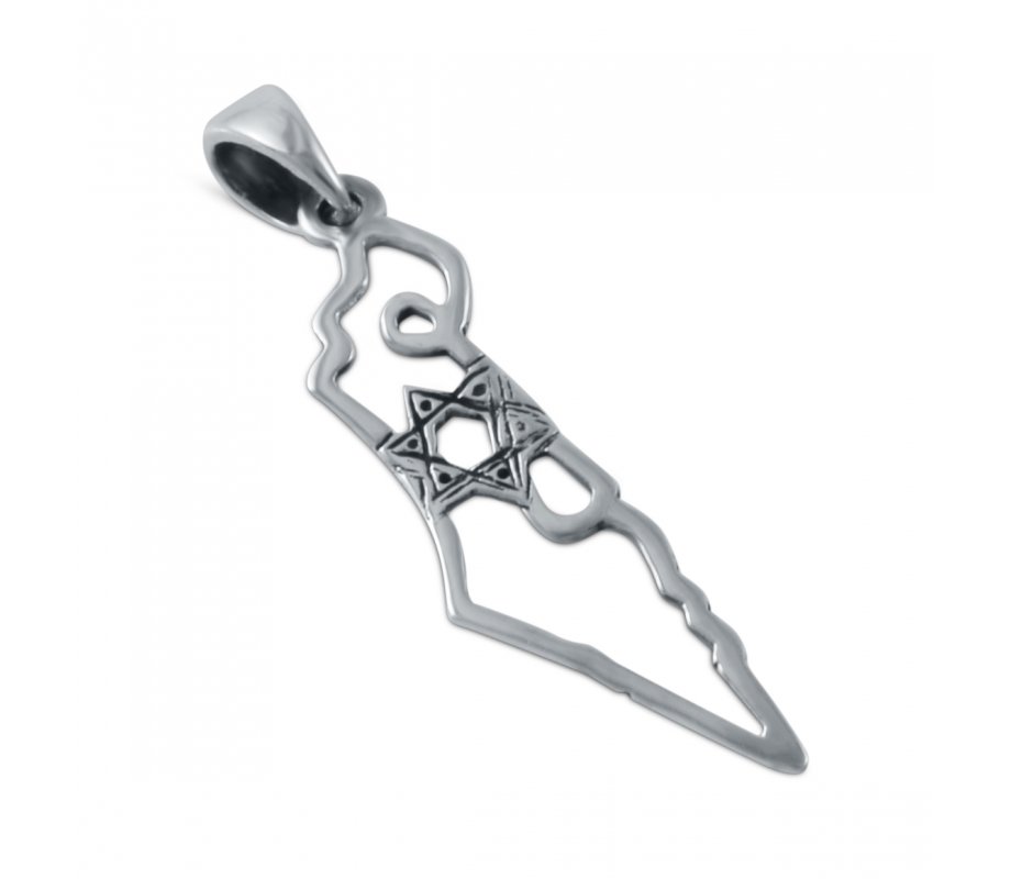 925 Sterling Silver Pendant Necklace - Outline of Israel with Star of David