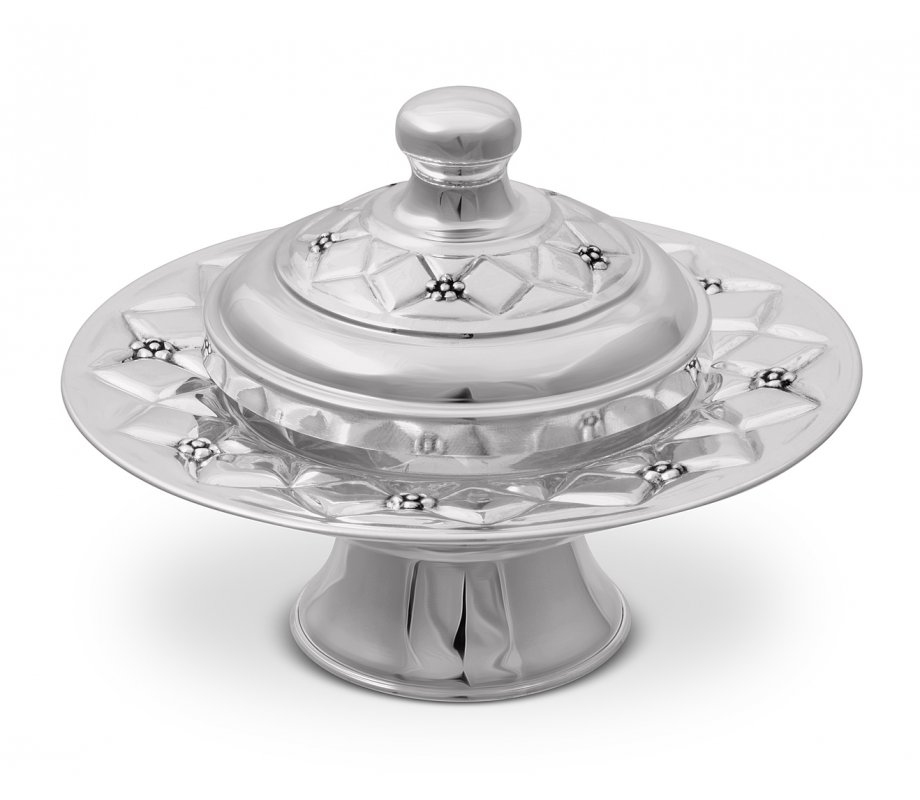 925 Sterling Silver Rosh Hashanah Honey Dish on Pedestal - Diamond Design