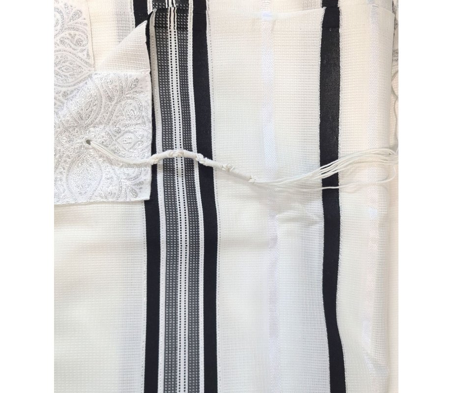 Acrylic Non-Slip Tallit, Textured Checkerboard Weave - Black and Silver Stripes