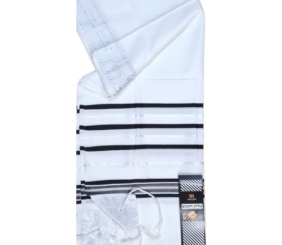 Acrylic Non-Slip Tallit, Textured Checkerboard Weave - Black and Silver Stripes
