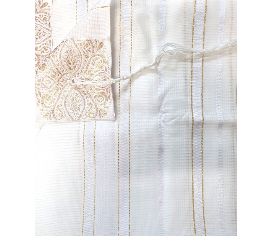 Acrylic Non-Slip Tallit, Textured Checkerboard Weave White and Gold Stripes