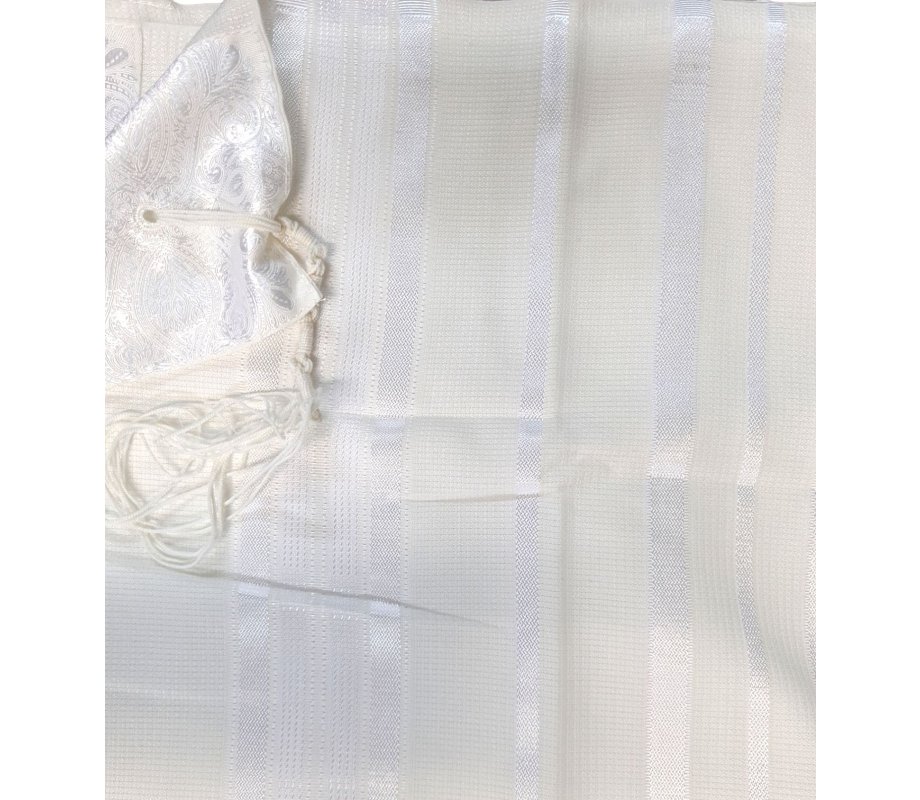 Acrylic Non-Slip Tallit, Textured Checkerboard Weave - White on White Stripes