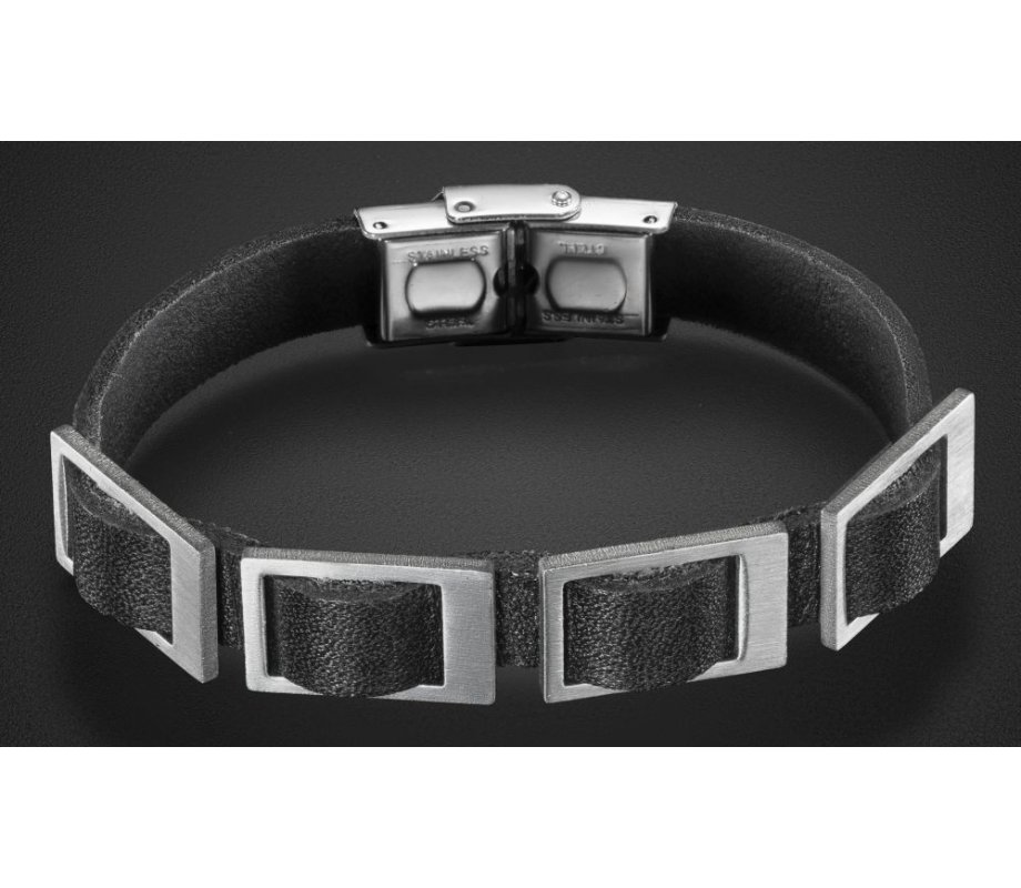 Adi Sidler Man's Black Leather Bracelet with Stainless Steel Open Buckle Design