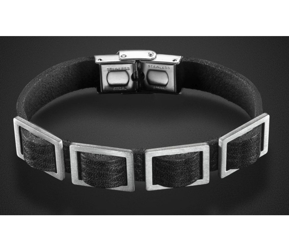 Adi Sidler Man's Bracelet, Black Leather with Four Rectangle Elements