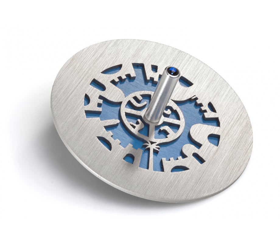 Adi Sidler Two Tone Chanukah Dreidel and Stand, Cutout Jerusalem Design - Blue