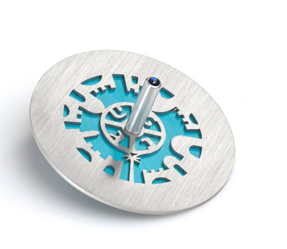 Adi Sidler Two Tone Chanukah Dreidel and Stand, Cutout Jerusalem Design - Turquoise