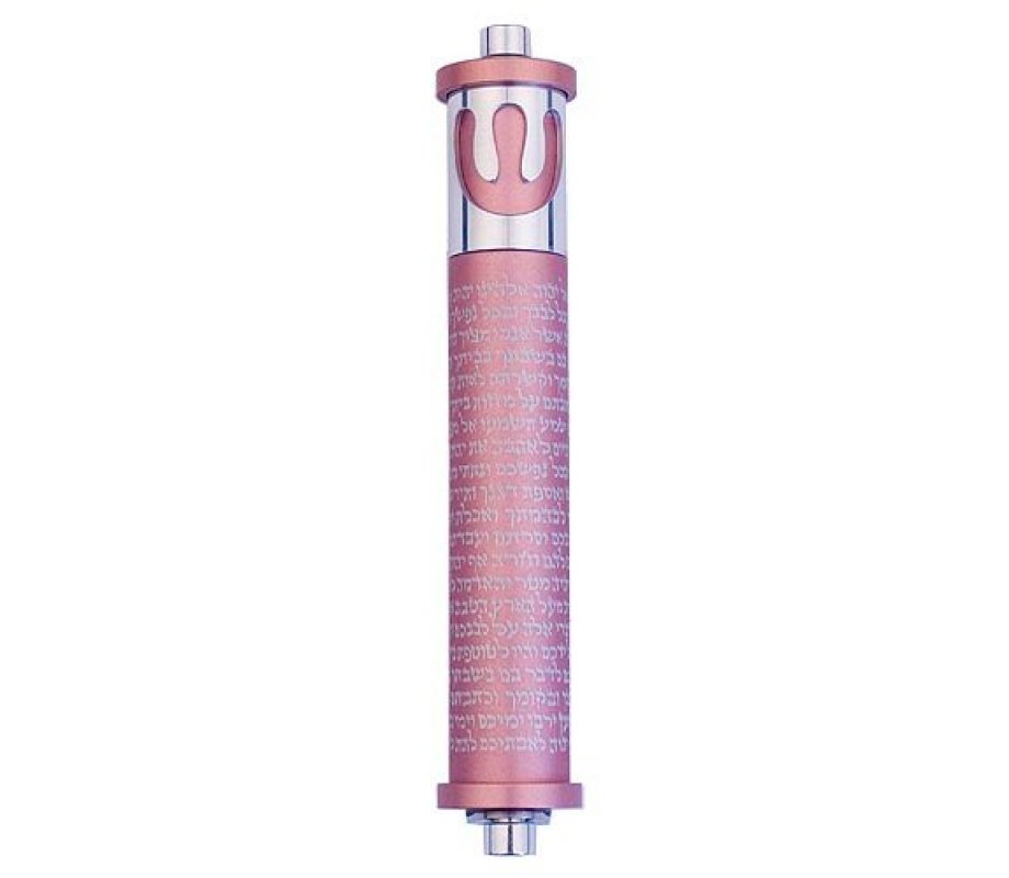 Agayof Cylinder Mezuzah Case, Shema and Curving Shin in Light Colors - 6 Inches