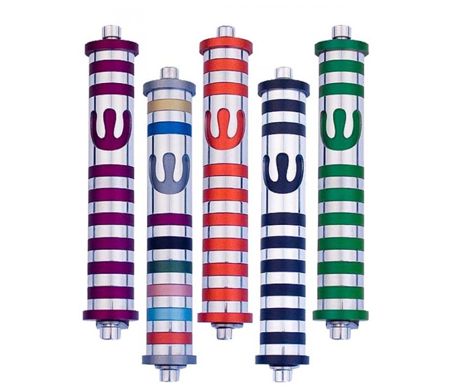 Agayof Cylinder Mezuzah Case with Bands and Curving Shin, Dark Colors – 6 Inches