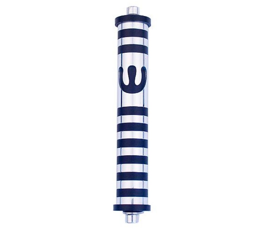 Agayof Cylinder Mezuzah Case with Bands and Curving Shin, Dark Colors – 6 Inches