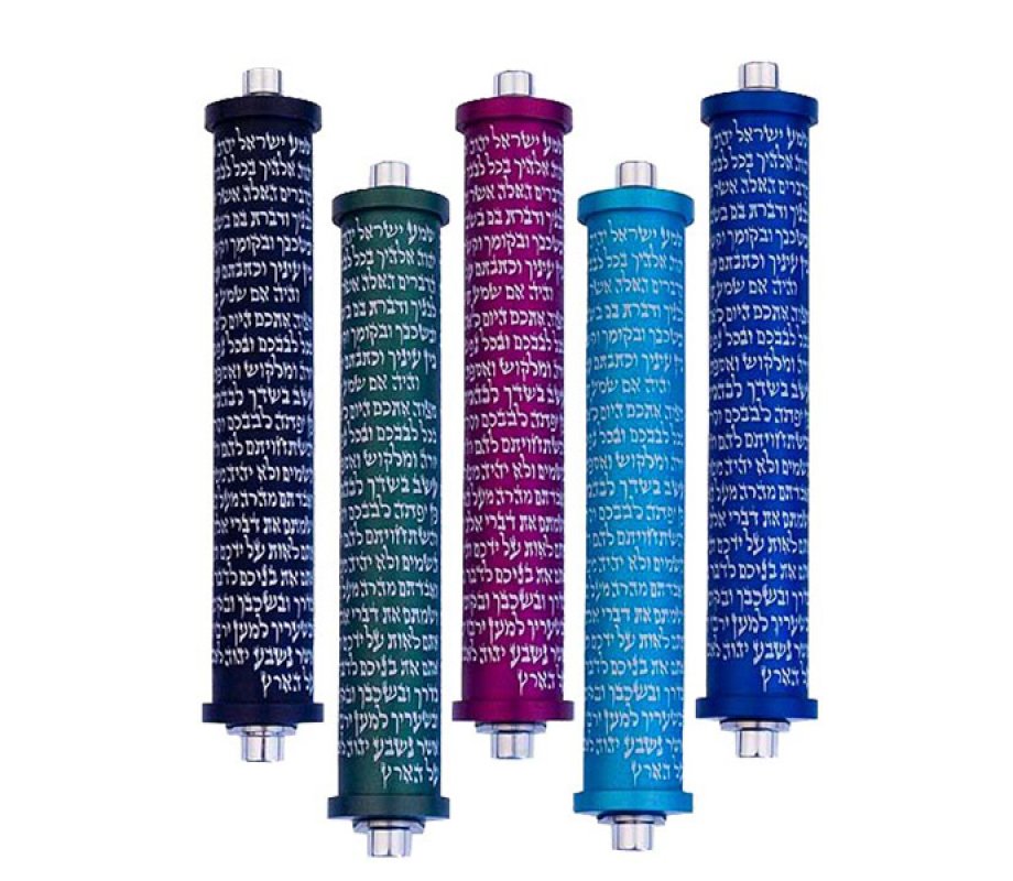 Agayof Cylinder Mezuzah Case with Shema Prayer, Dark Colors - 4 Inches Height