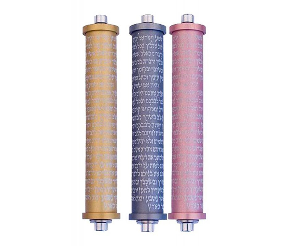 Agayof Cylinder Mezuzah Case with Shema Prayer, Light Colors - 5 Inches Height