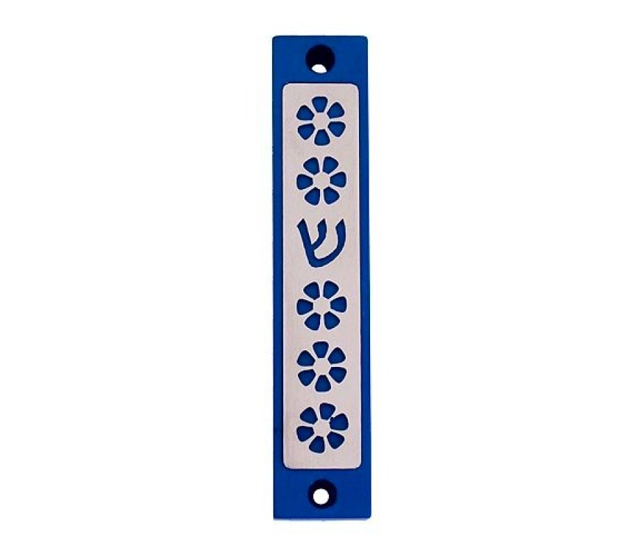 Agayof Mezuzah Case, Five Flowers and Shin in Dark Colors – 4 Inches Height