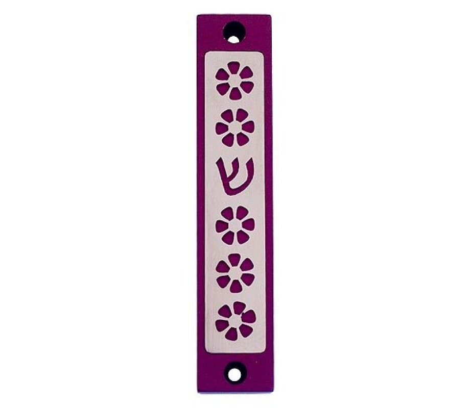 Agayof Mezuzah Case, Five Flowers and Shin in Dark Colors – 4 Inches Height