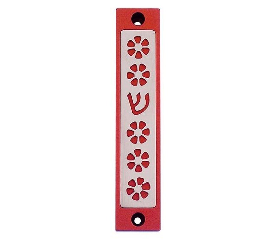 Agayof Mezuzah Case, Five Flowers and Shin in Dark Colors – 4 Inches Height