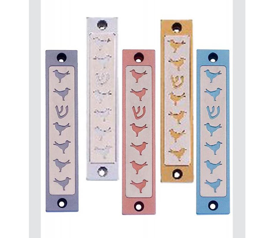 Agayof Mezuzah Case, Six Doves and Shin in Light Colors - 4 Inches Height