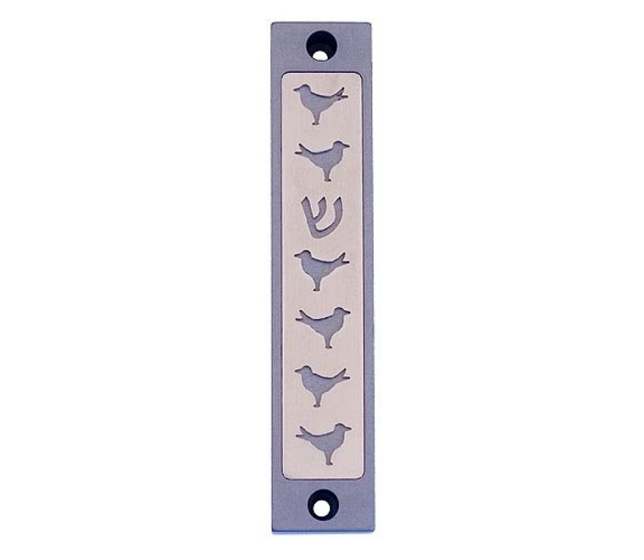 Agayof Mezuzah Case, Six Doves and Shin in Light Colors - 4 Inches Height