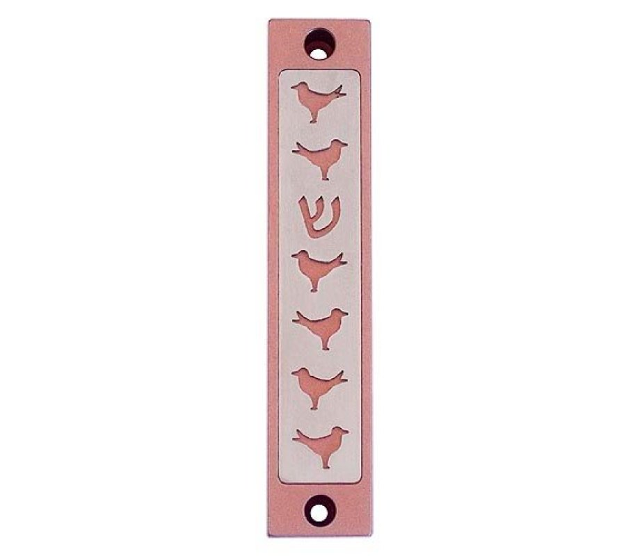 Agayof Mezuzah Case, Six Doves and Shin in Light Colors - 4 Inches Height