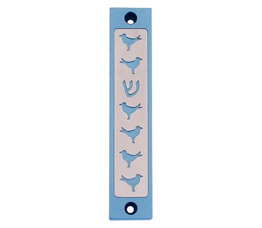 Agayof Mezuzah Case, Six Doves and Shin in Light Colors - 4 Inches Height