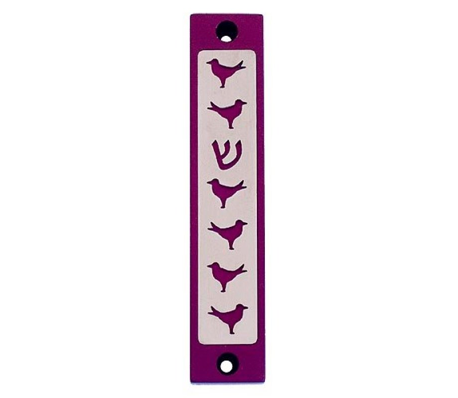 Agayof Mezuzah case, Six Doves and Shin in Dark Colors - 4 Inches Height