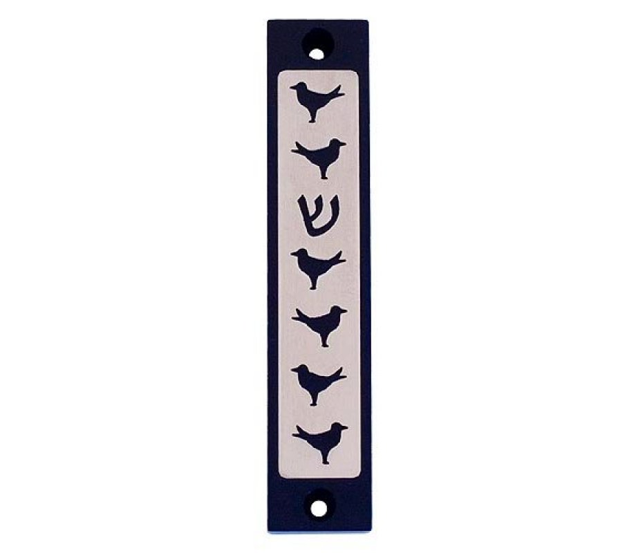 Agayof Mezuzah case, Six Doves and Shin in Dark Colors - 4 Inches Height