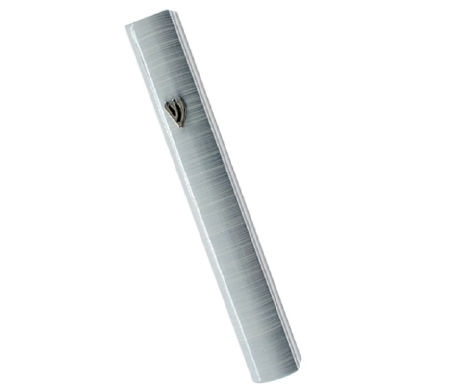 Aluminum Semi-Rounded Mezuzah Case, Metallic Silver-Gray and White Stripes