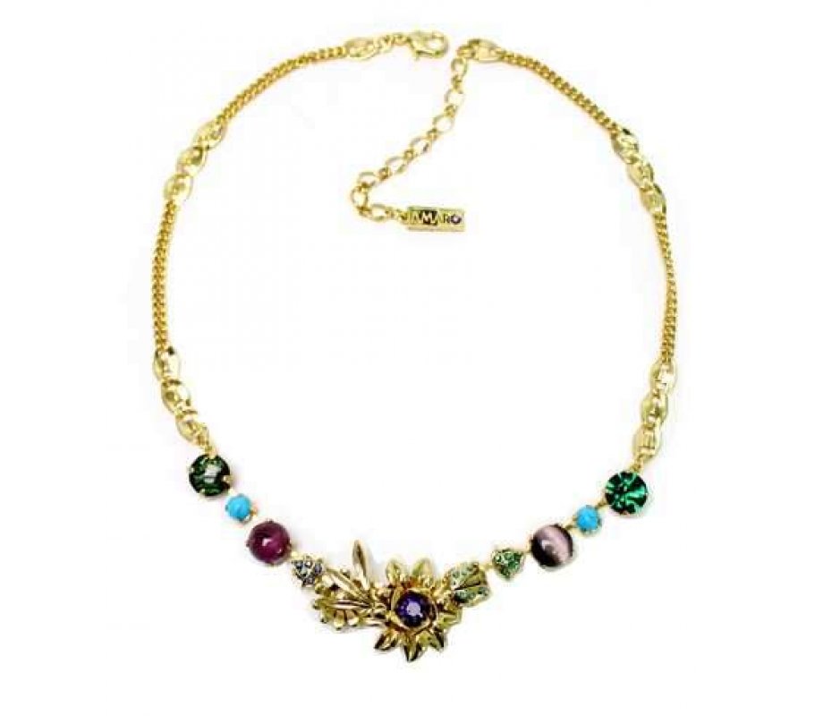 Amaro, Gold Plated Necklace with Colorful Semi Precious Stones - Indian Style