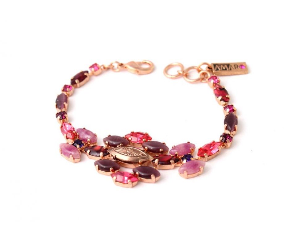 Amaro Handcrafted Bracelet, 24k Rose Gold Plate with Pink and Purple Stones
