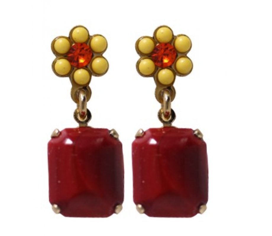 Amaro Handcrafted Flower Pot Post Earrings , Ruby Red and Gold