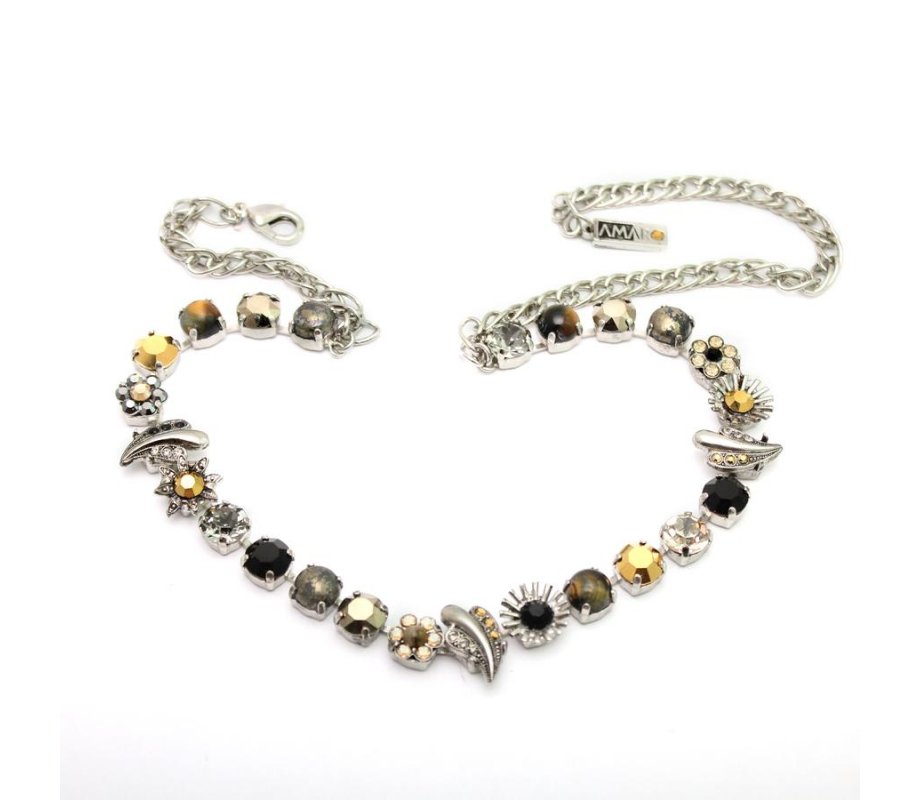 Amaro Handmade Silver Necklace, Black and Gold Flowers - from Silver Collection