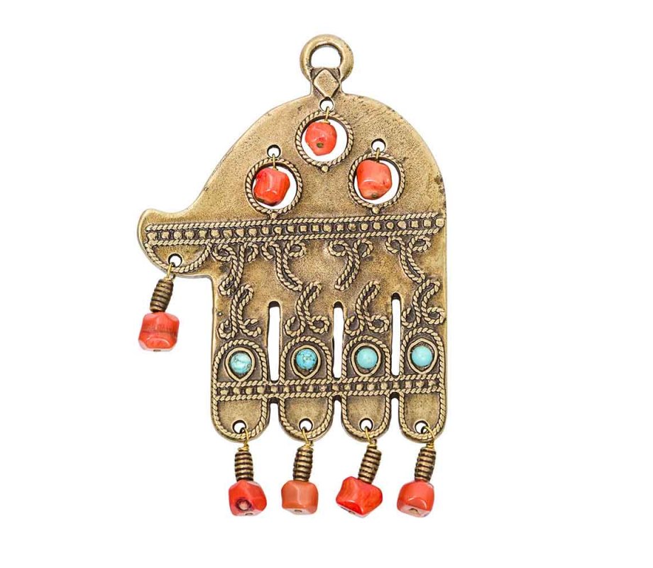 Ancient Brass Wall Good Luck Hamsa with Colored Beads - Israel Museum Replica
