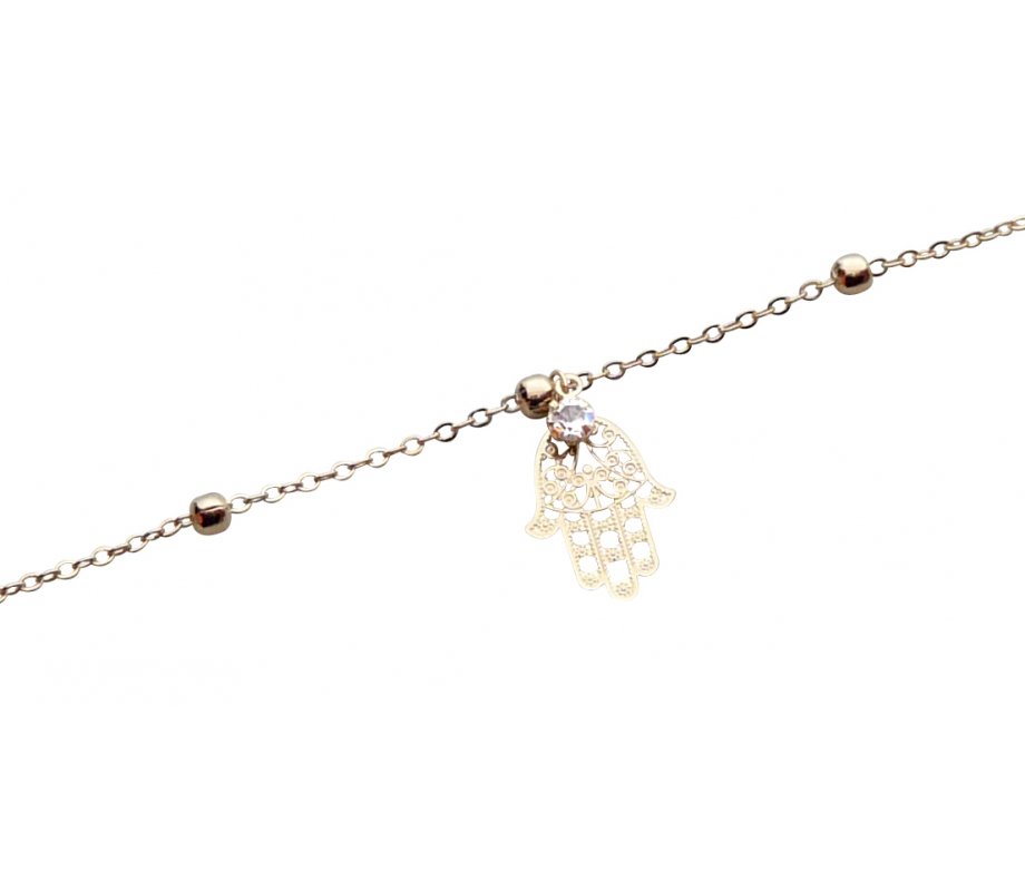 Anklet, Gold Rhodium with Gold Beads and Hamsa