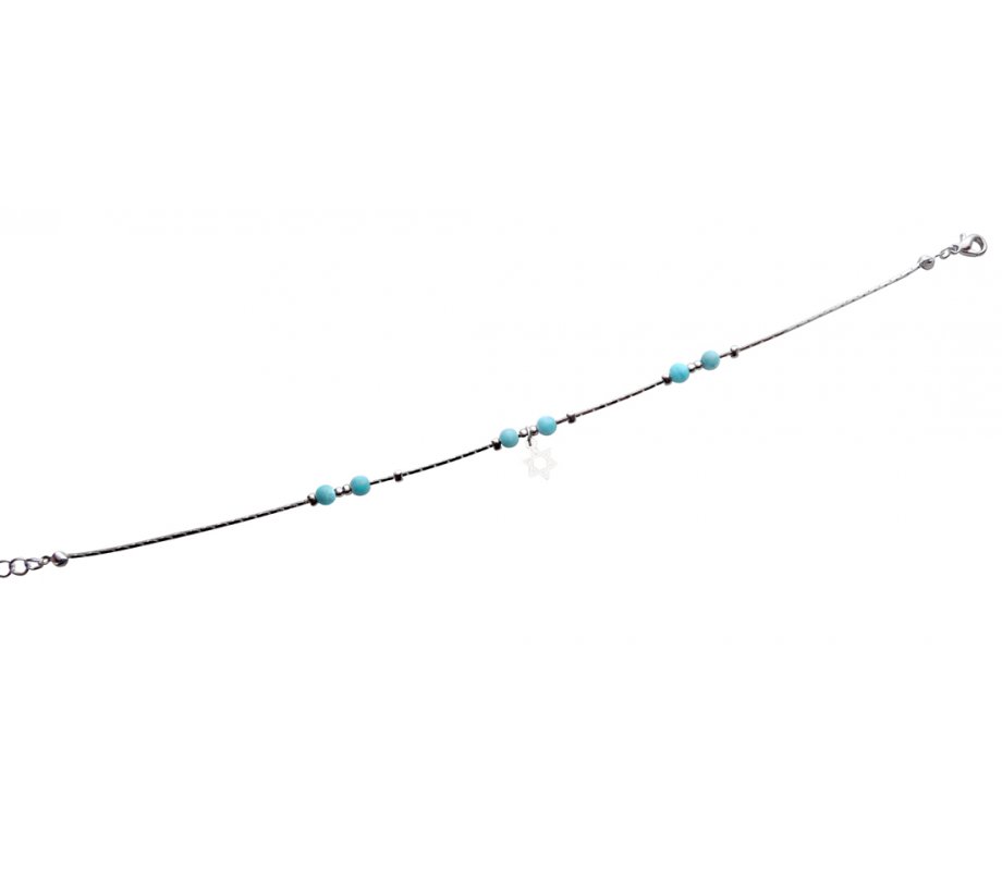 Anklet, Silver Rhodium with Blue Beads and Silver Star of David