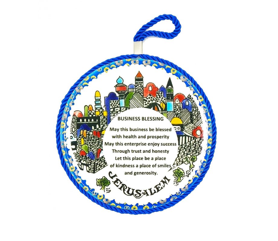 Armenian Art Wall Plaque with Jerusalem Images and Business Blessing in English