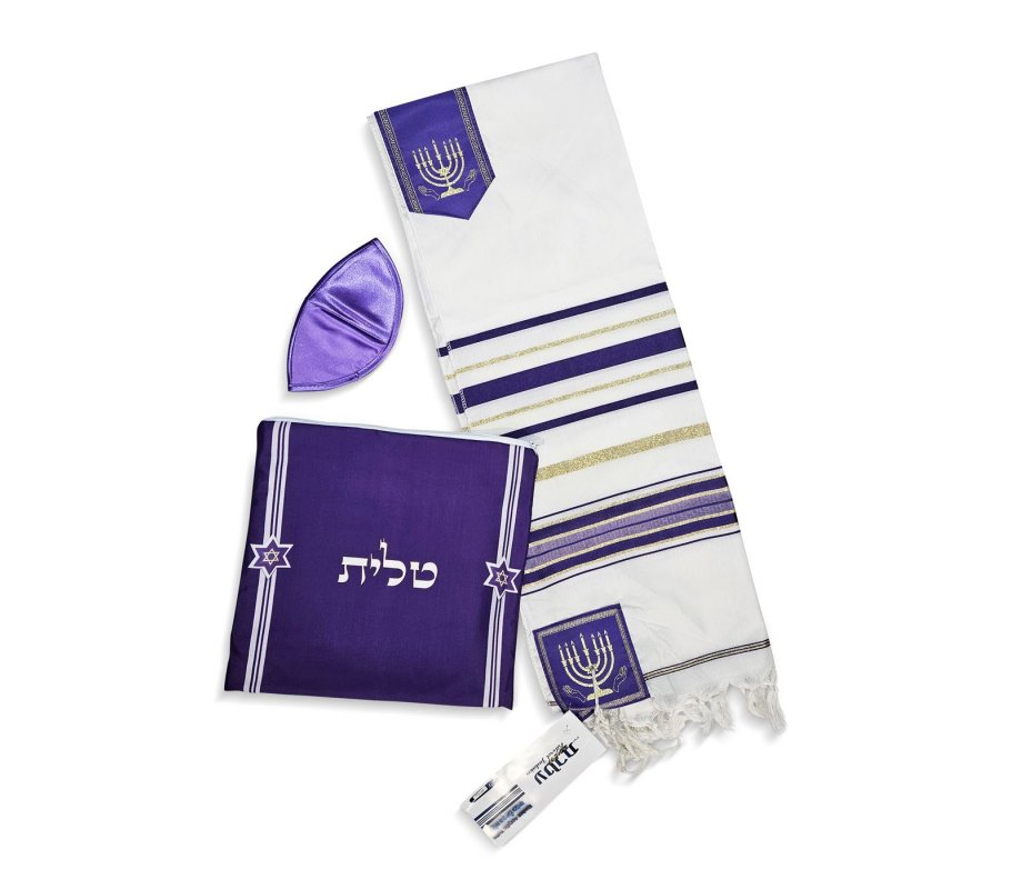 Ateret Acrylic Tallit Set, Menorah Motif and Bible Words Purple and Gold Stripes