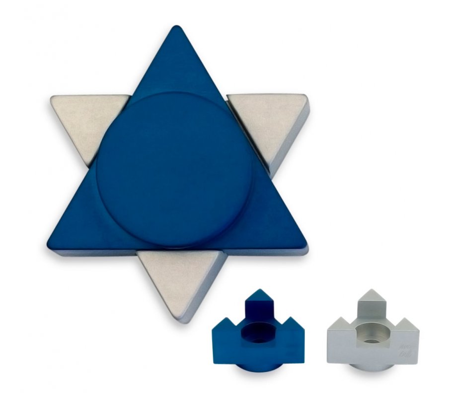 Avner Agayof Anodized Aluminum Travel Shabbat Candlesticks, Star of David - Blue