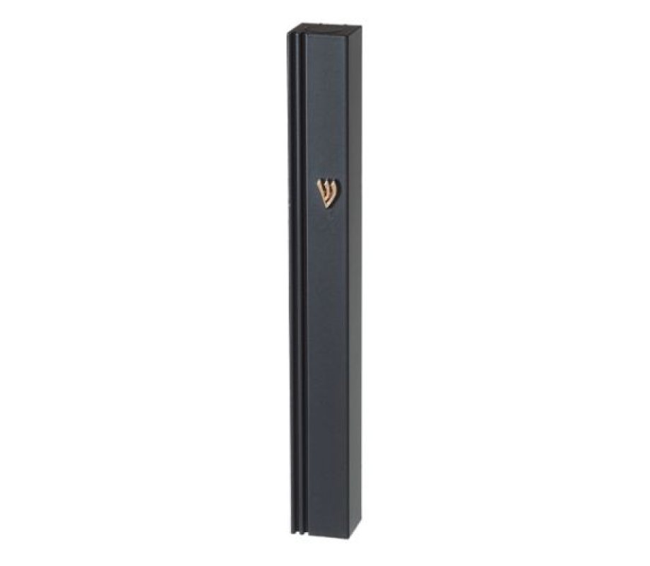 Black Aluminum Mezuzah Case with Side Channel, Gold Shin - Choice of Sizes